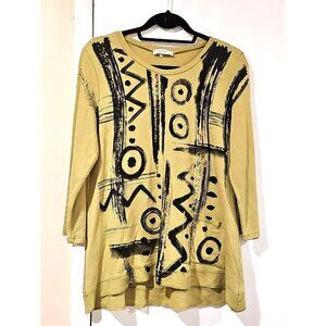 Jess & Jane USA Large Tunic Art to Wear V Neck Stretch Long Sleeve Top Artsy
